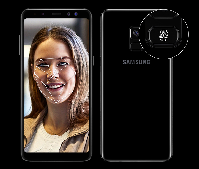 Illustrasjon som viser at Galaxy A8 kan låses opp med fingeravtrykk eller ansiktsgjenkjenning